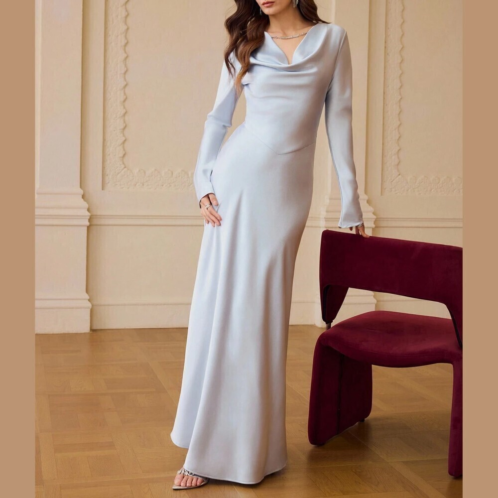 Sky Blue Satin Cowl Neck Long Sleeve Maxi Dress